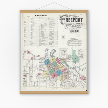 Old map wall art mockup — magnetic wood frame on white wall — Sanborn Fire Insurance Map from Freeport, Stephenson County, Illinois (1897), Sheet #0001