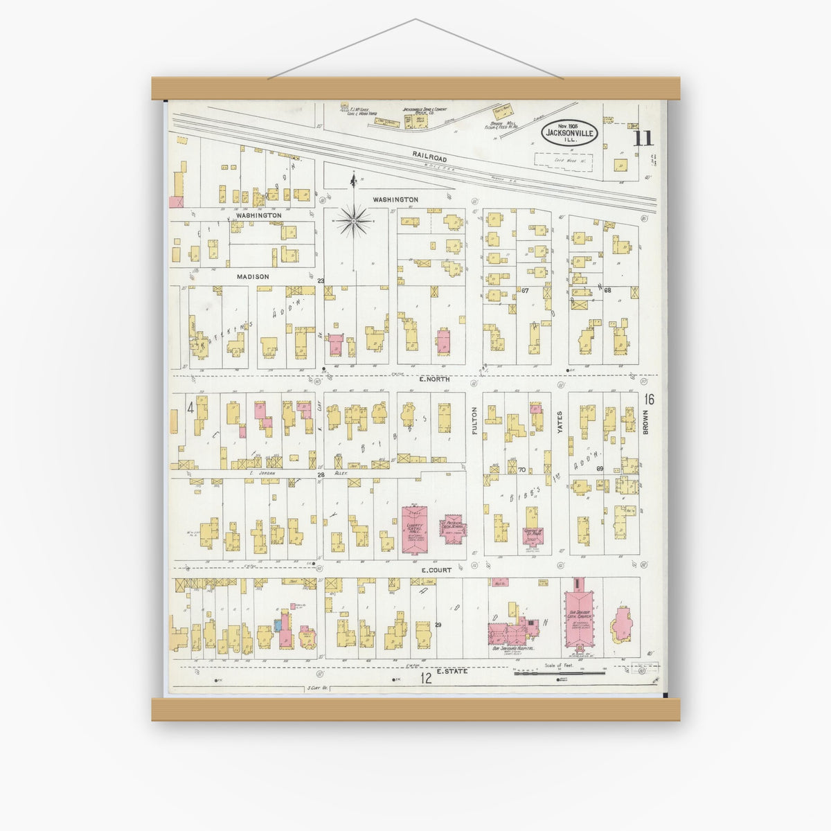 Old map wall art mockup — magnetic wood frame on white wall — Sanborn Fire Insurance Map from Jacksonville, Morgan County, Illinois (1905), Sheet #0011