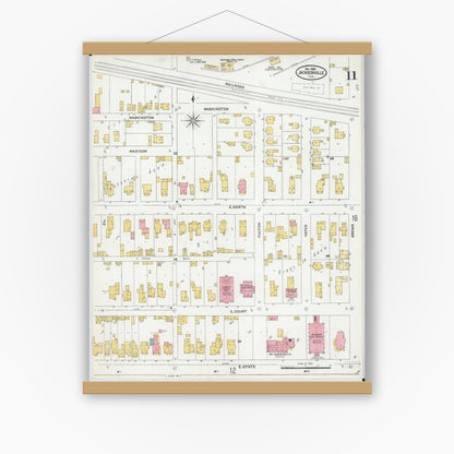 Old map wall art mockup — magnetic wood frame on white wall — Sanborn Fire Insurance Map from Jacksonville, Morgan County, Illinois (1905), Sheet #0011