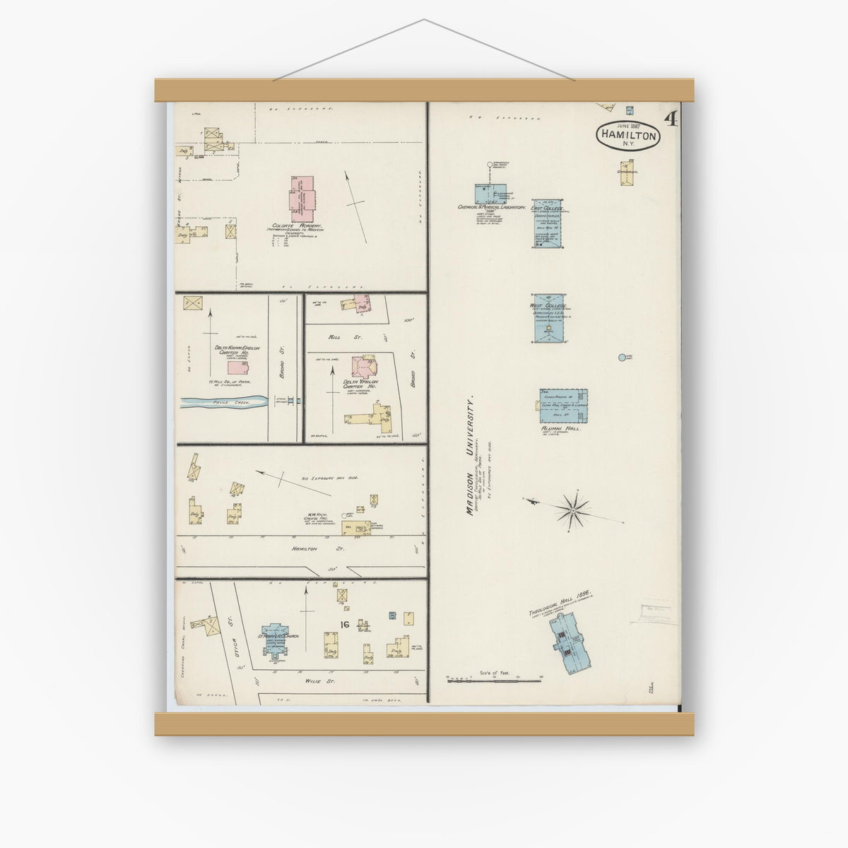Old map wall art mockup — magnetic wood frame on white wall — Sanborn Fire Insurance Map from Hamilton, Madison County, New York (1887), Sheet #0004