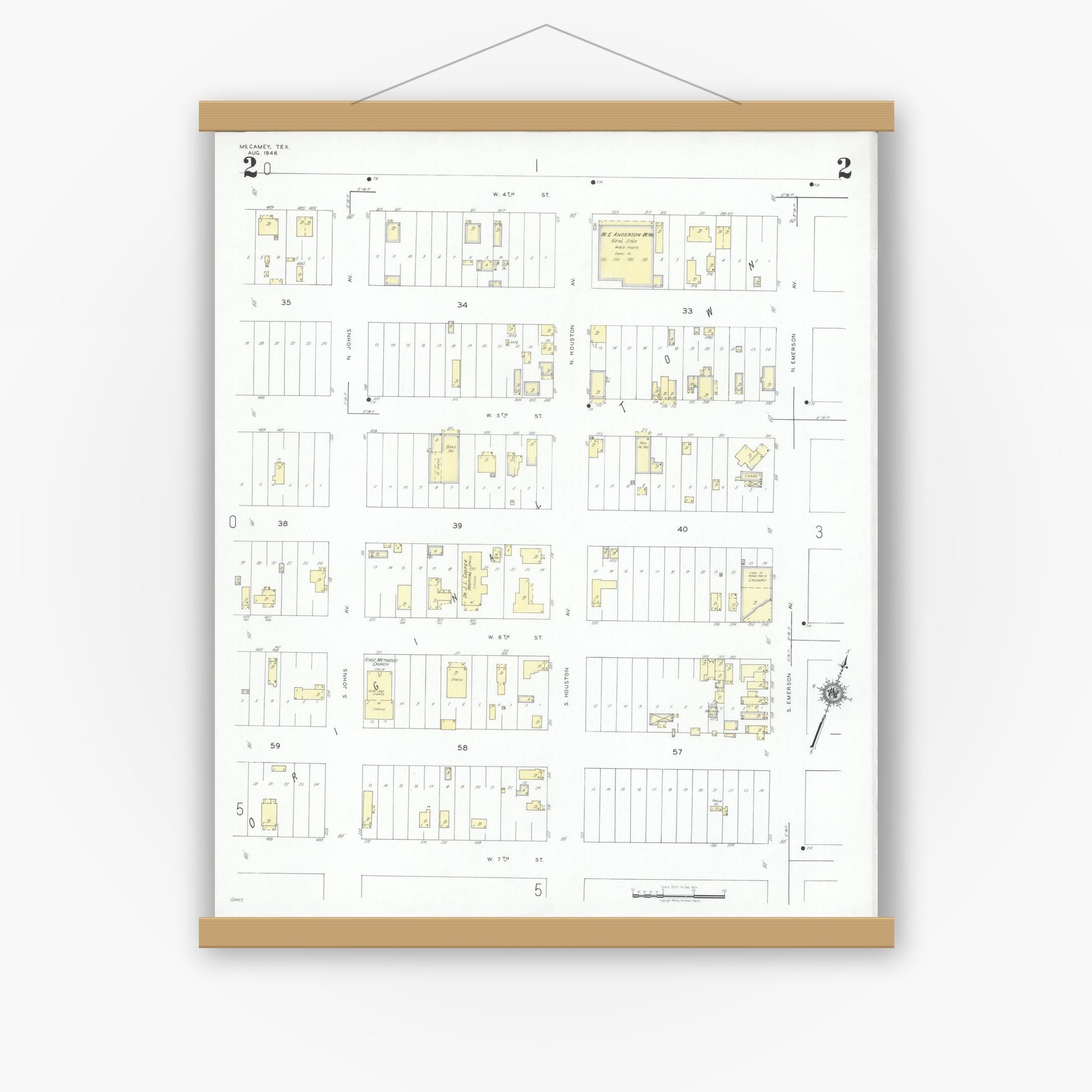 Old map wall art mockup — magnetic wood frame on white wall — Sanborn Fire Insurance Map from McCamey, Upton County, Texas (1946), Sheet #0002