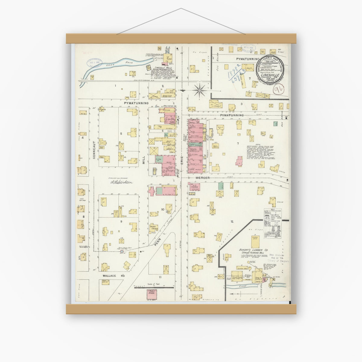 Old map wall art mockup — magnetic wood frame on white wall — Sanborn Fire Insurance Map from Linesville, Crawford County, Pennsylvania (1898), Sheet #0001