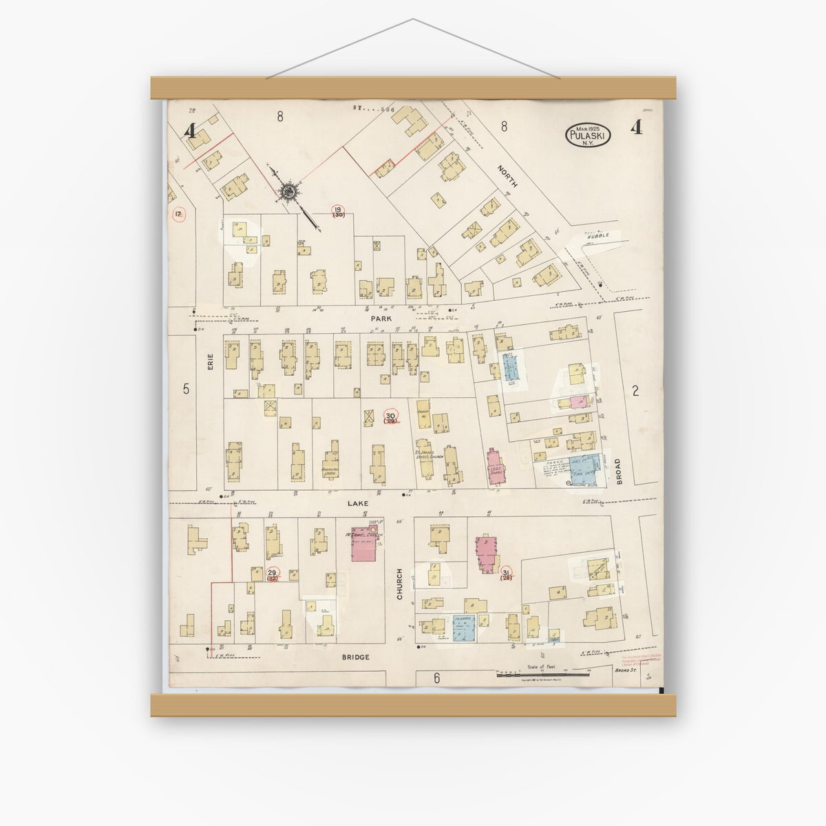 Old map wall art mockup — magnetic wood frame on white wall — Sanborn Fire Insurance Map from Pulaski, Oswego County, New York (1959), Sheet #0004