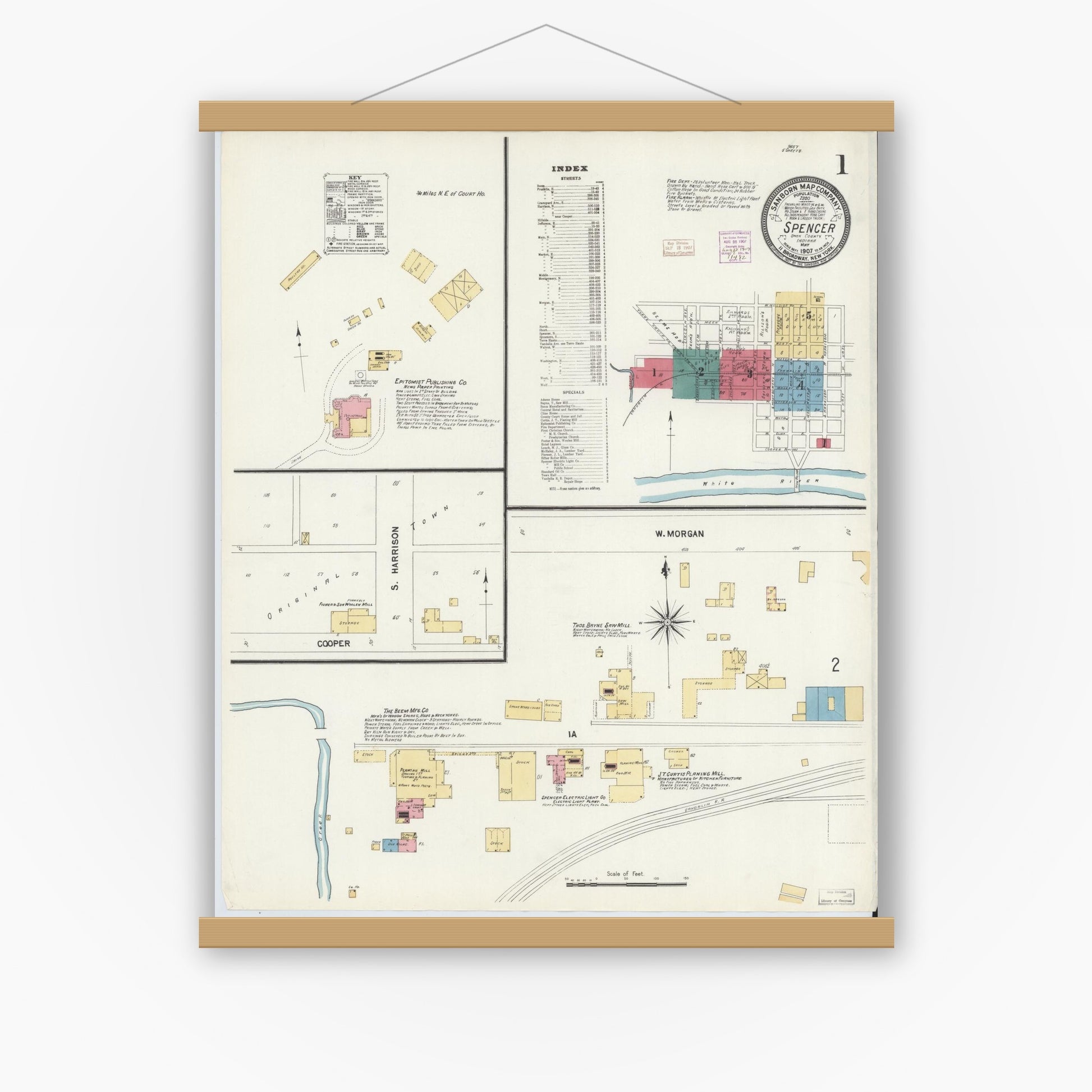 Old map wall art mockup — magnetic wood frame on white wall — Sanborn Fire Insurance Map from Spencer, Owen County, Indiana (1907), Sheet #0001