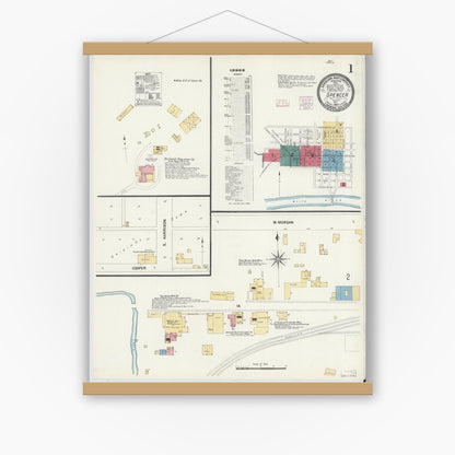 Old map wall art mockup — magnetic wood frame on white wall — Sanborn Fire Insurance Map from Spencer, Owen County, Indiana (1907), Sheet #0001
