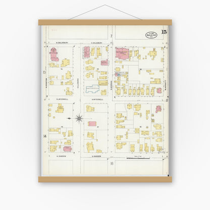 Old map wall art mockup — magnetic wood frame on white wall — Sanborn Fire Insurance Map from Raleigh, Wake County, North Carolina (1903), Sheet #0015