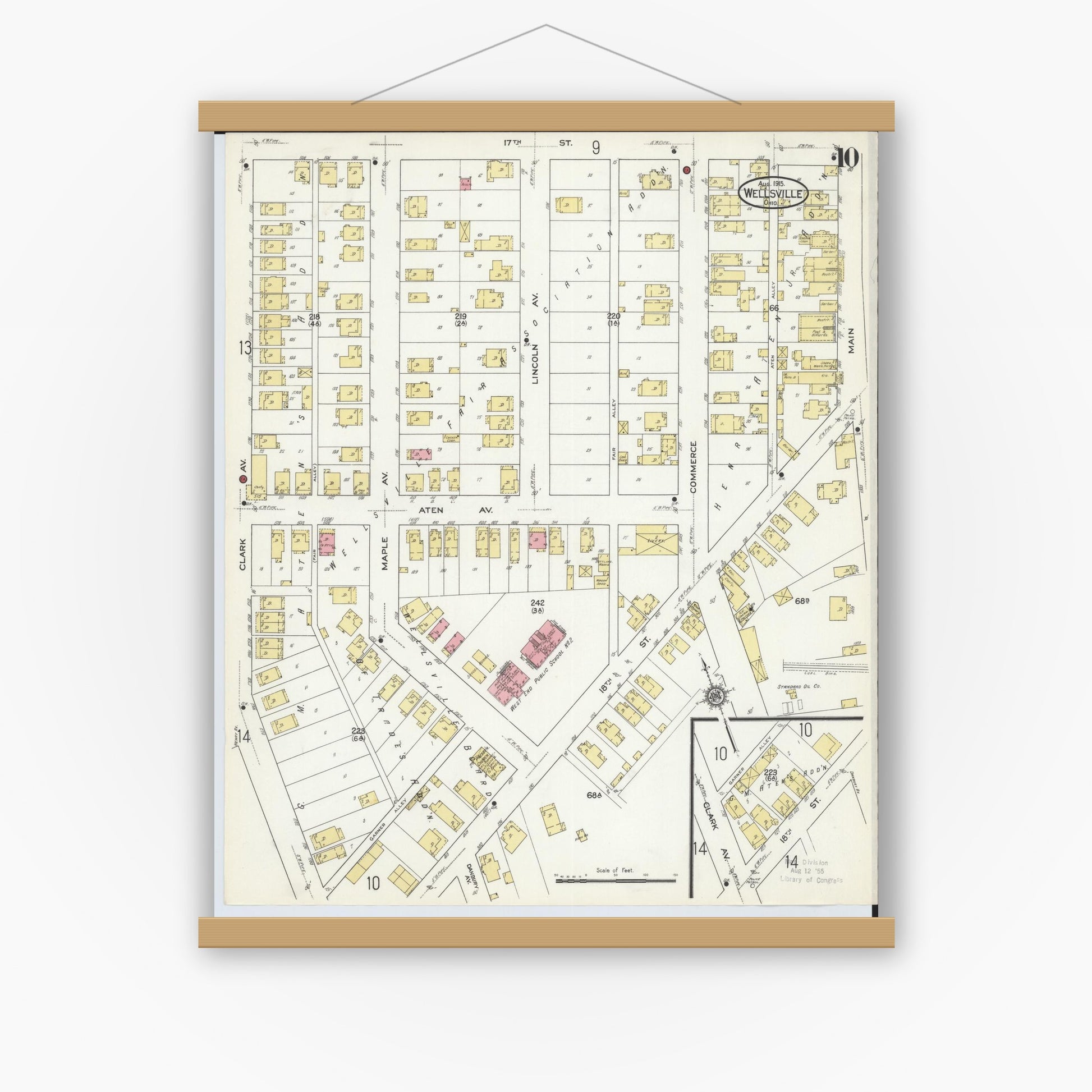 Old map wall art mockup — magnetic wood frame on white wall — Sanborn Fire Insurance Map from Wellsville, Columbiana County, Ohio (1915), Sheet #0010