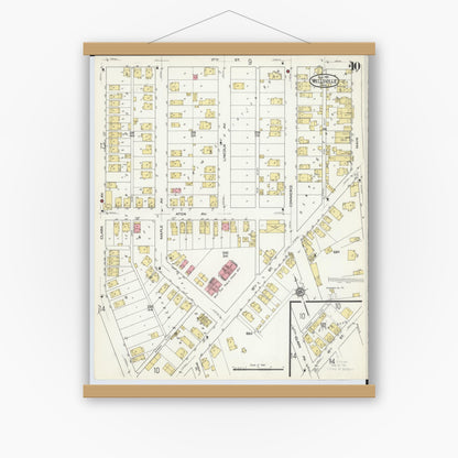 Old map wall art mockup — magnetic wood frame on white wall — Sanborn Fire Insurance Map from Wellsville, Columbiana County, Ohio (1915), Sheet #0010