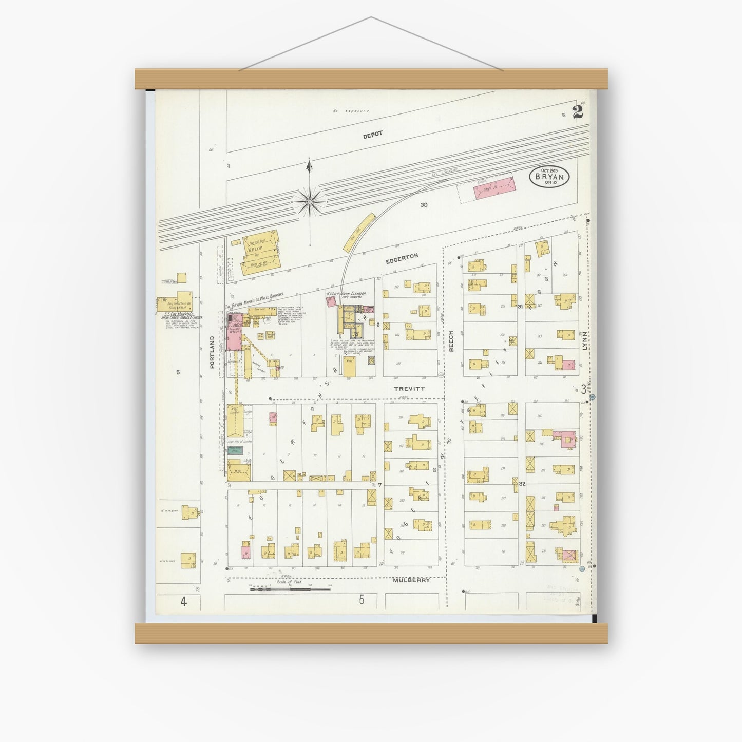 Old map wall art mockup — magnetic wood frame on white wall — Sanborn Fire Insurance Map from Bryan, Williams County, Ohio (1905), Sheet #0002
