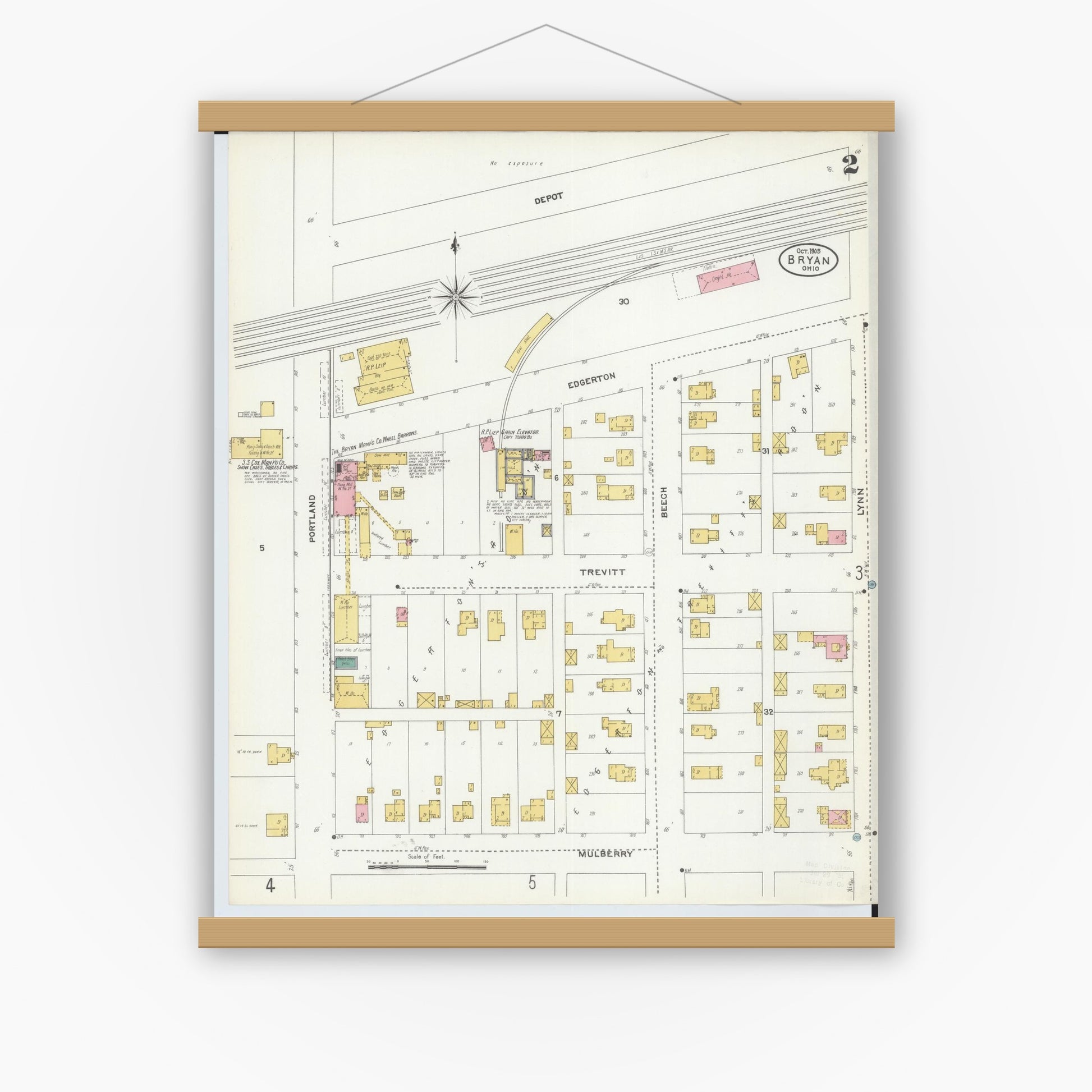 Old map wall art mockup — magnetic wood frame on white wall — Sanborn Fire Insurance Map from Bryan, Williams County, Ohio (1905), Sheet #0002
