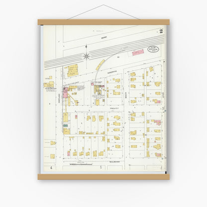 Old map wall art mockup — magnetic wood frame on white wall — Sanborn Fire Insurance Map from Bryan, Williams County, Ohio (1905), Sheet #0002