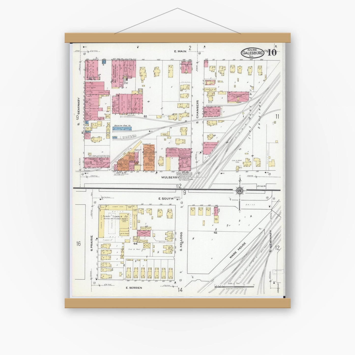 Old map wall art mockup — magnetic wood frame on white wall — Sanborn Fire Insurance Map from Galesburg, Knox County, Illinois (1918), Sheet #0010