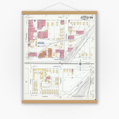 Old map wall art mockup — magnetic wood frame on white wall — Sanborn Fire Insurance Map from Galesburg, Knox County, Illinois (1918), Sheet #0010