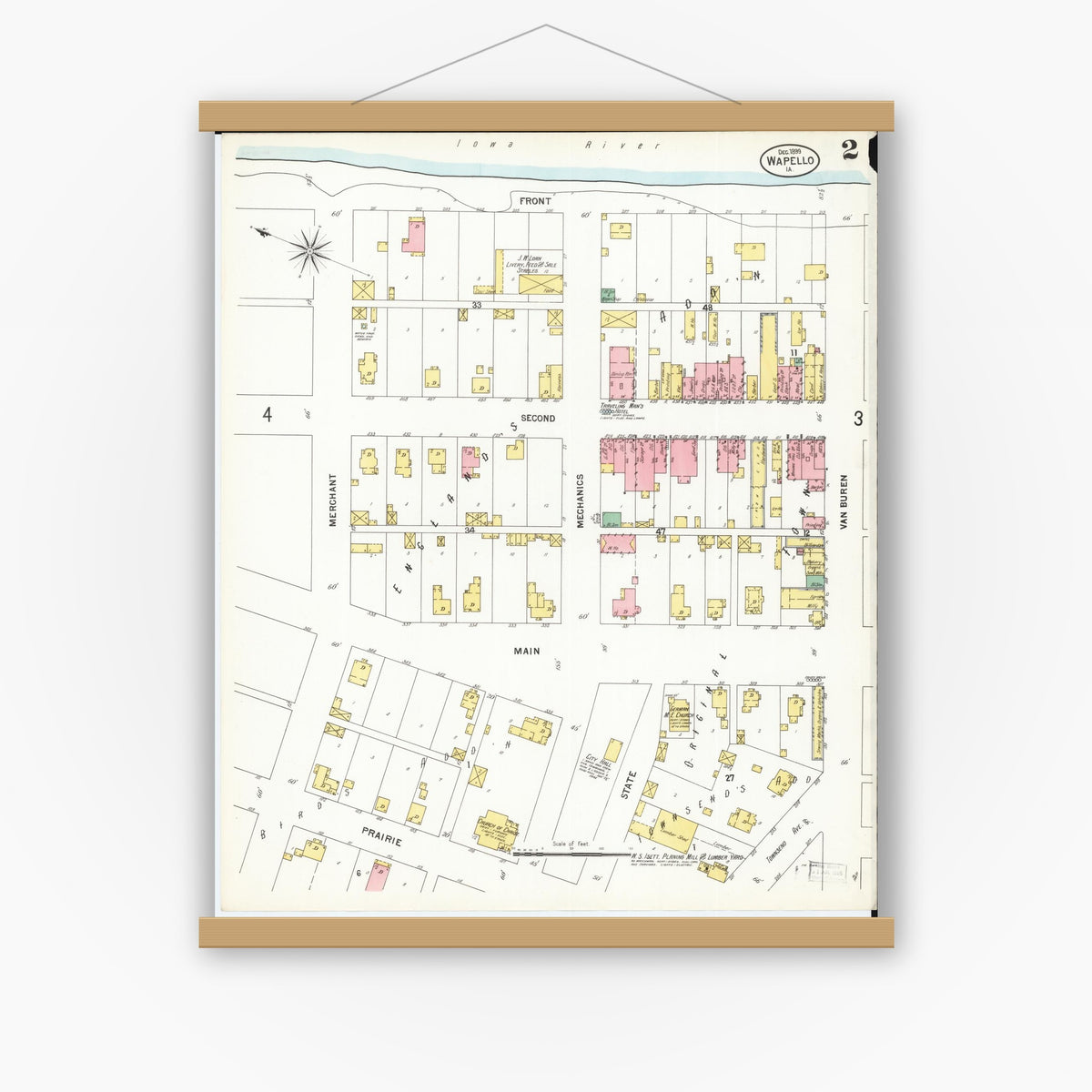 Old map wall art mockup — magnetic wood frame on white wall — Sanborn Fire Insurance Map from Wapello, Louisa County, Iowa (1899), Sheet #0002