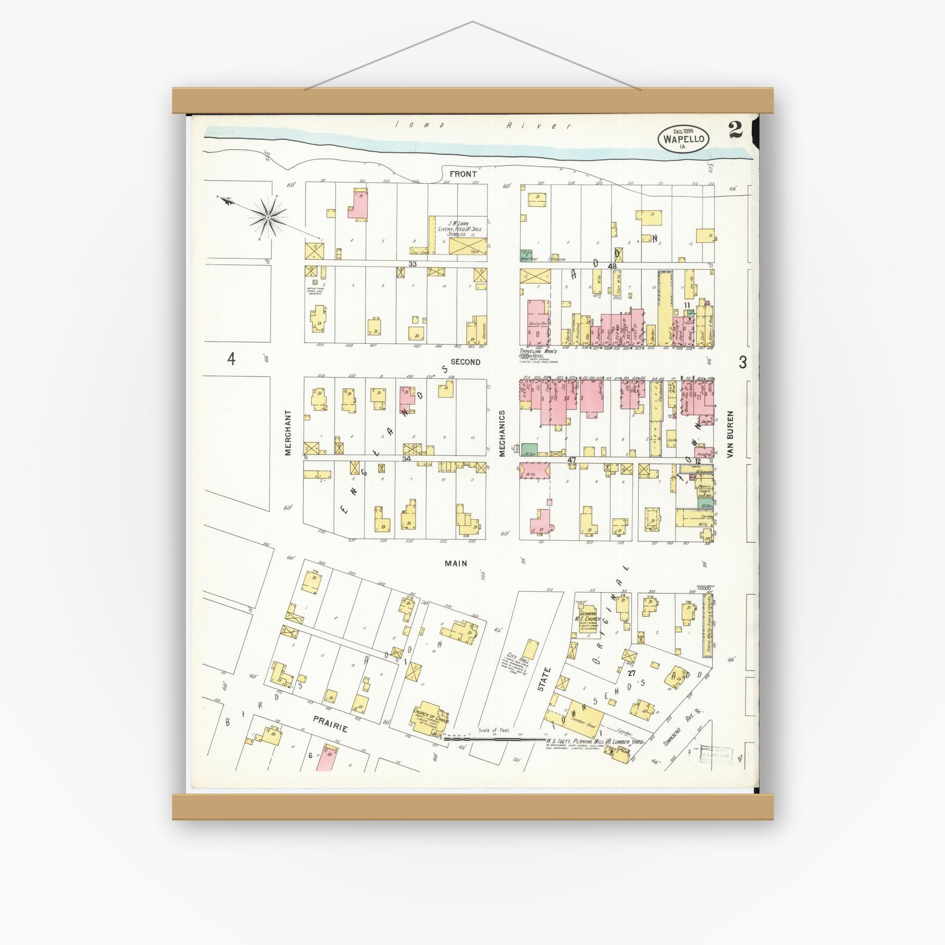 Old map wall art mockup — magnetic wood frame on white wall — Sanborn Fire Insurance Map from Wapello, Louisa County, Iowa (1899), Sheet #0002