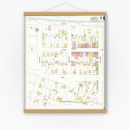 Old map wall art mockup — magnetic wood frame on white wall — Sanborn Fire Insurance Map from Wapello, Louisa County, Iowa (1899), Sheet #0002