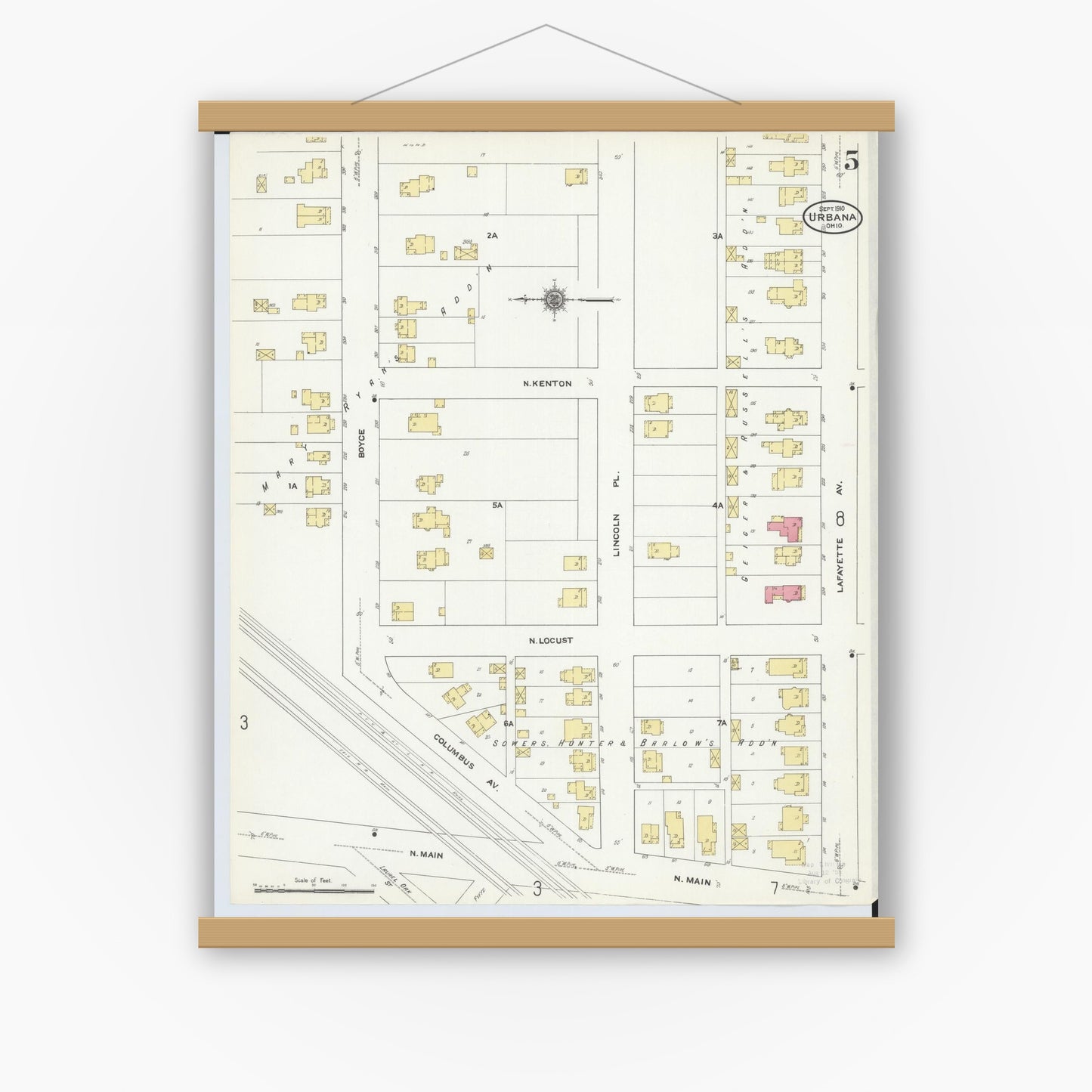 Old map wall art mockup — magnetic wood frame on white wall — Sanborn Fire Insurance Map from Urbana, Champaign County, Ohio (1910), Sheet #0005