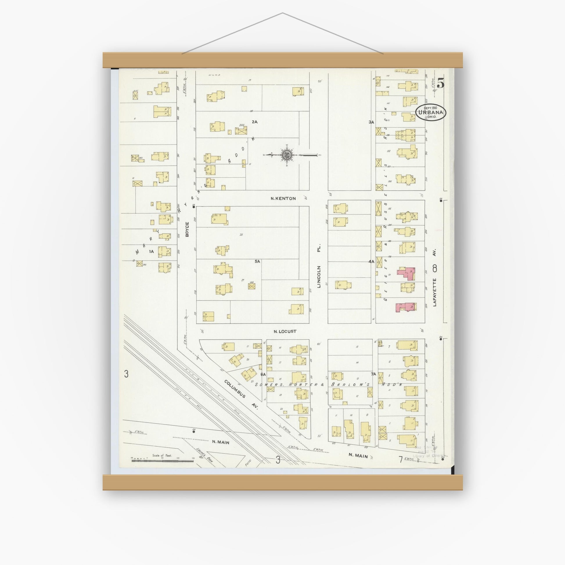 Old map wall art mockup — magnetic wood frame on white wall — Sanborn Fire Insurance Map from Urbana, Champaign County, Ohio (1910), Sheet #0005
