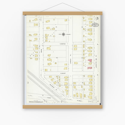 Old map wall art mockup — magnetic wood frame on white wall — Sanborn Fire Insurance Map from Urbana, Champaign County, Ohio (1910), Sheet #0005