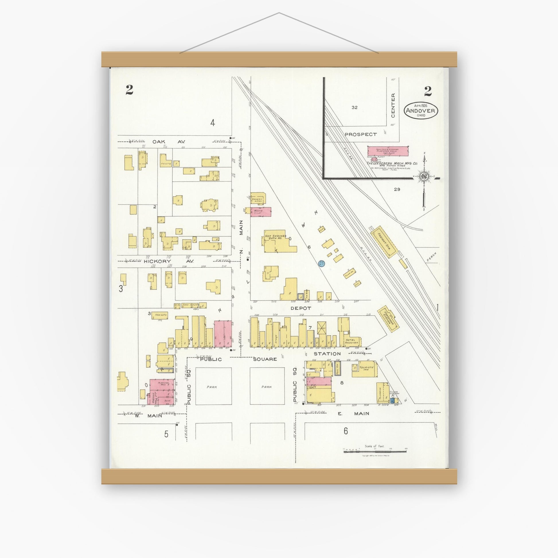 Old map wall art mockup — magnetic wood frame on white wall — Sanborn Fire Insurance Map from Andover, Ashtabula County, Ohio (1926), Sheet #0002