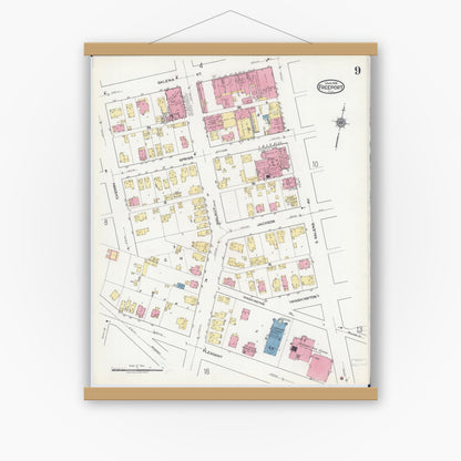 Old map wall art mockup — magnetic wood frame on white wall — Sanborn Fire Insurance Map from Freeport, Stephenson County, Illinois (1918), Sheet #0009