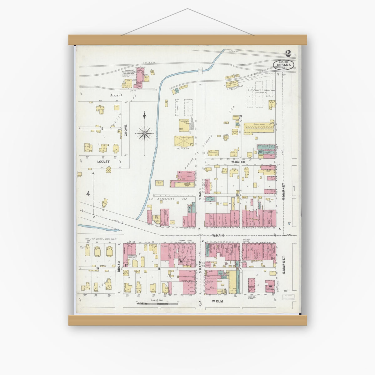 Old map wall art mockup — magnetic wood frame on white wall — Sanborn Fire Insurance Map from Urbana, Champaign County, Illinois (1902), Sheet #0002