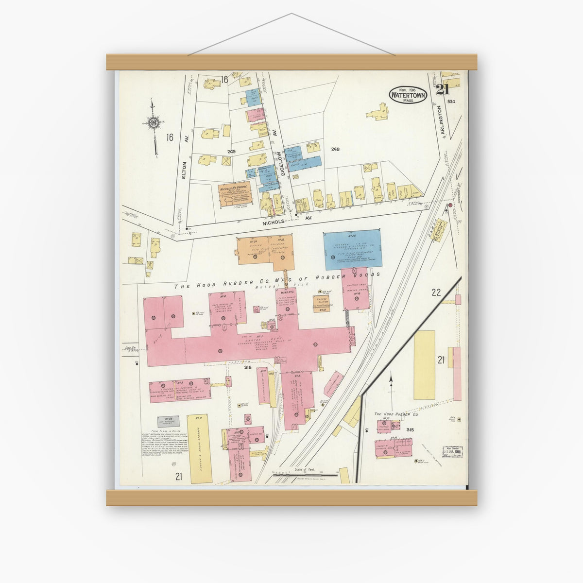 Old map wall art mockup — magnetic wood frame on white wall — Sanborn Fire Insurance Map from Watertown, Middlesex County, Massachusetts (1916), Sheet #0021