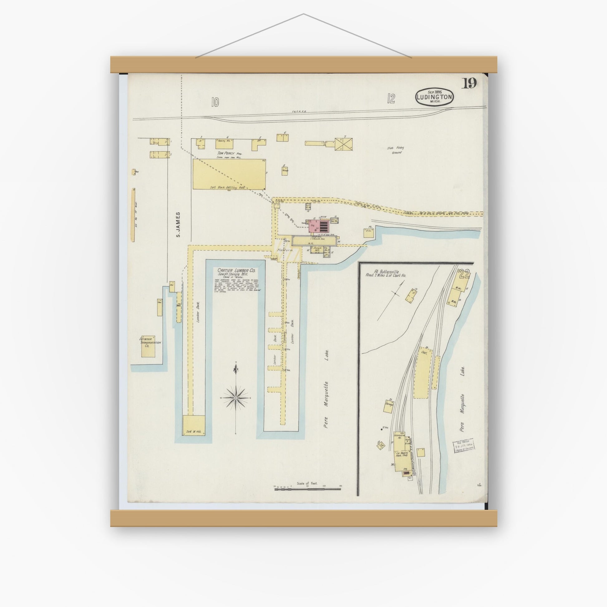 Old map wall art mockup — magnetic wood frame on white wall — Sanborn Fire Insurance Map from Ludington, Mason County, Michigan (1895), Sheet #0019