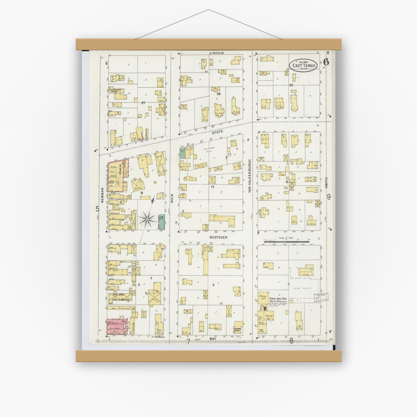 Old map wall art mockup — magnetic wood frame on white wall — Sanborn Fire Insurance Map from Tawas City, Iosco County, Michigan (1898), Sheet #0006