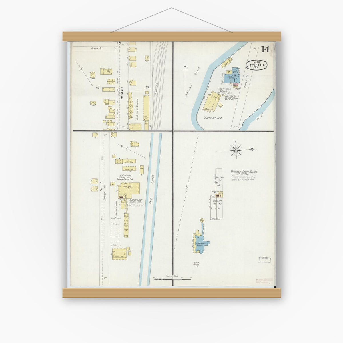 Old map wall art mockup — magnetic wood frame on white wall — Sanborn Fire Insurance Map from Little Falls, Herkimer County, New York (1897), Sheet #0014