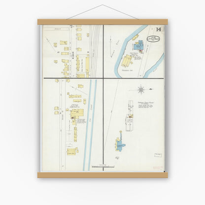 Old map wall art mockup — magnetic wood frame on white wall — Sanborn Fire Insurance Map from Little Falls, Herkimer County, New York (1897), Sheet #0014