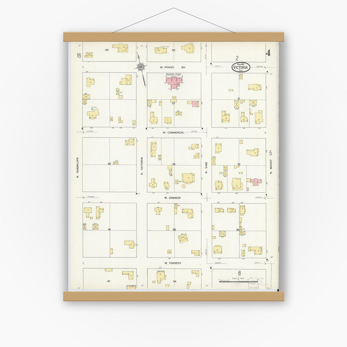 Old map wall art mockup — magnetic wood frame on white wall — Sanborn Fire Insurance Map from Victoria, Victoria County, Texas (1912), Sheet #0004