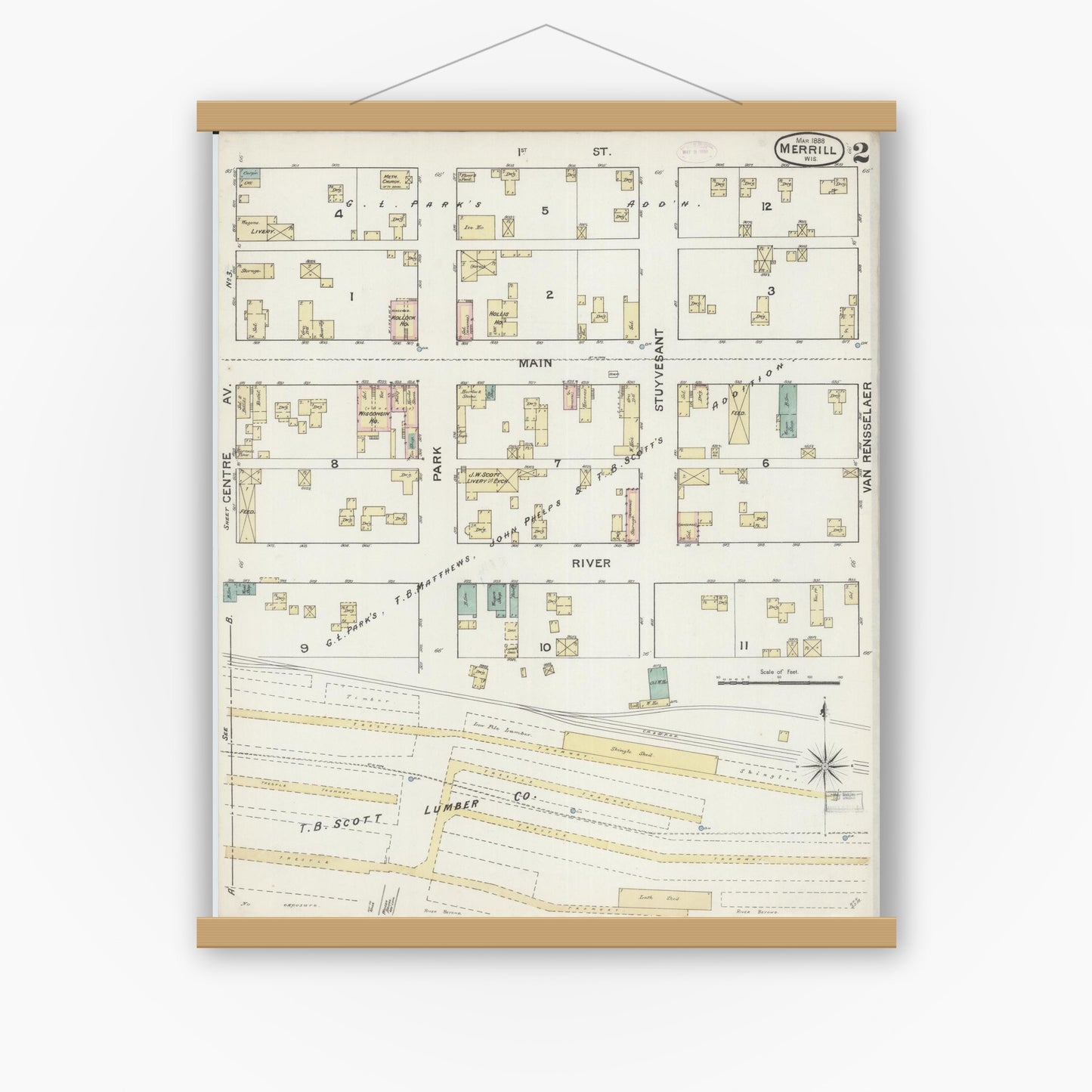 Old map wall art mockup — magnetic wood frame on white wall — Sanborn Fire Insurance Map from Merrill, Lincoln County, Wisconsin (1888), Sheet #0002