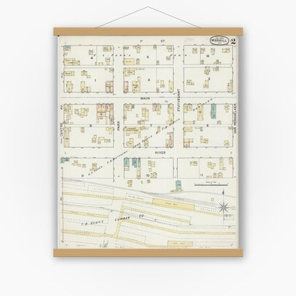 Old map wall art mockup — magnetic wood frame on white wall — Sanborn Fire Insurance Map from Merrill, Lincoln County, Wisconsin (1888), Sheet #0002