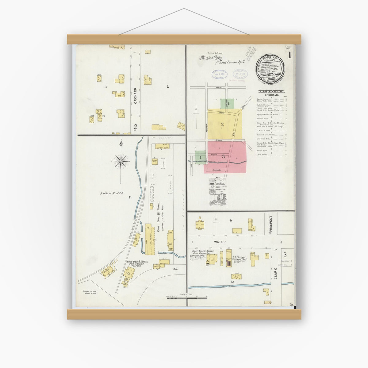 Old map wall art mockup — magnetic wood frame on white wall — Sanborn Fire Insurance Map from Ovid, Seneca County, New York (1898), Sheet #0001
