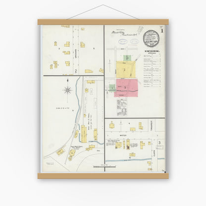 Old map wall art mockup — magnetic wood frame on white wall — Sanborn Fire Insurance Map from Ovid, Seneca County, New York (1898), Sheet #0001
