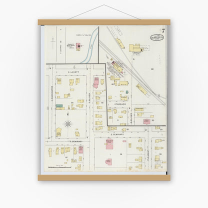 Old map wall art mockup — magnetic wood frame on white wall — Sanborn Fire Insurance Map from Charlotte, Eaton County, Michigan (1895), Sheet #0007