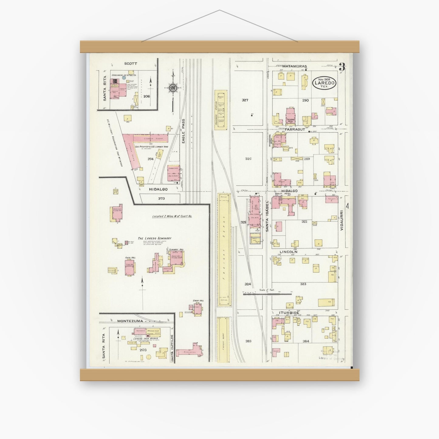 Old map wall art mockup — magnetic wood frame on white wall — Sanborn Fire Insurance Map from Laredo, Webb County, Texas (1909), Sheet #0003