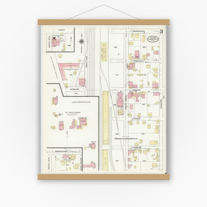 Old map wall art mockup — magnetic wood frame on white wall — Sanborn Fire Insurance Map from Laredo, Webb County, Texas (1909), Sheet #0003