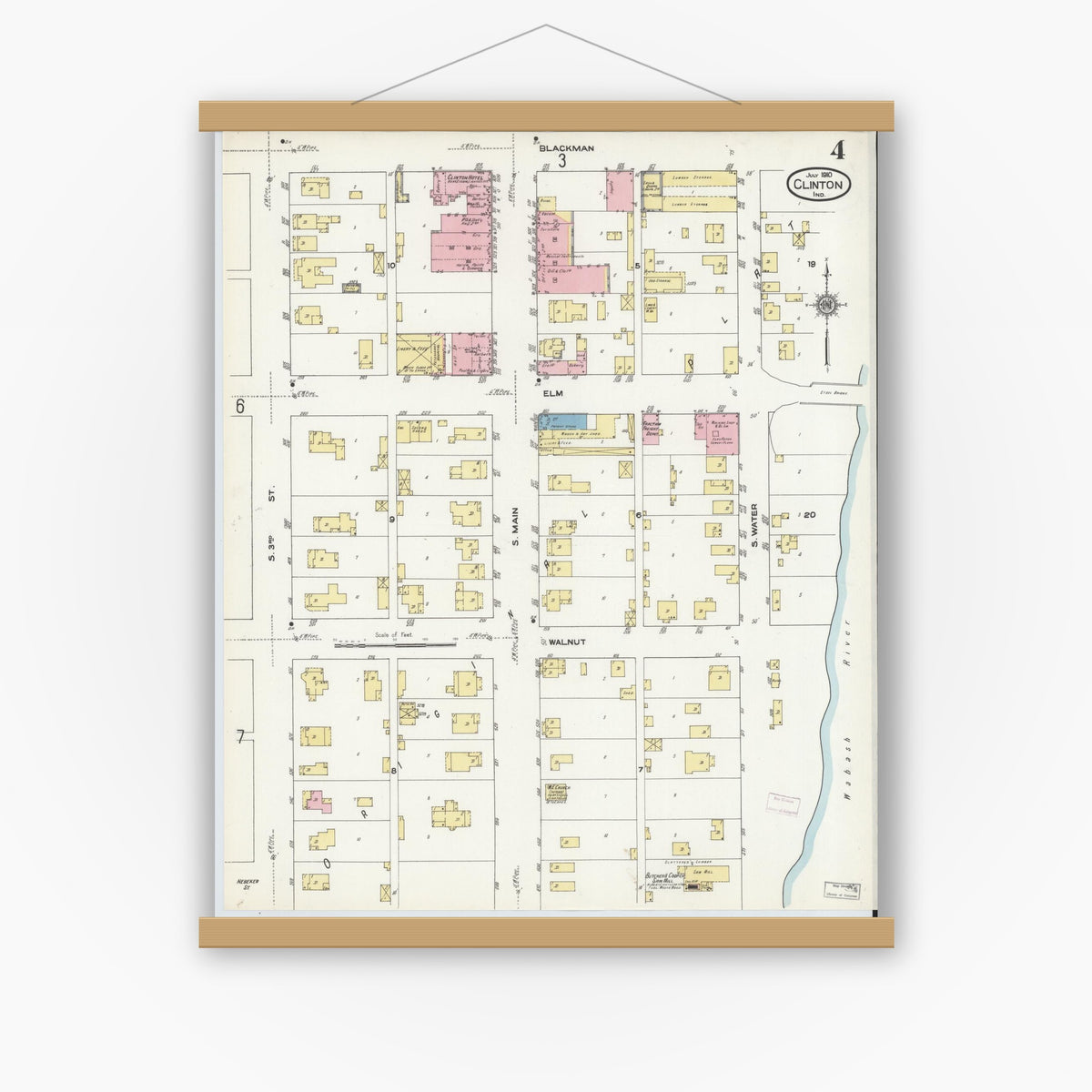 Old map wall art mockup — magnetic wood frame on white wall — Sanborn Fire Insurance Map from Clinton, Vermillion County, Indiana (1910), Sheet #0004