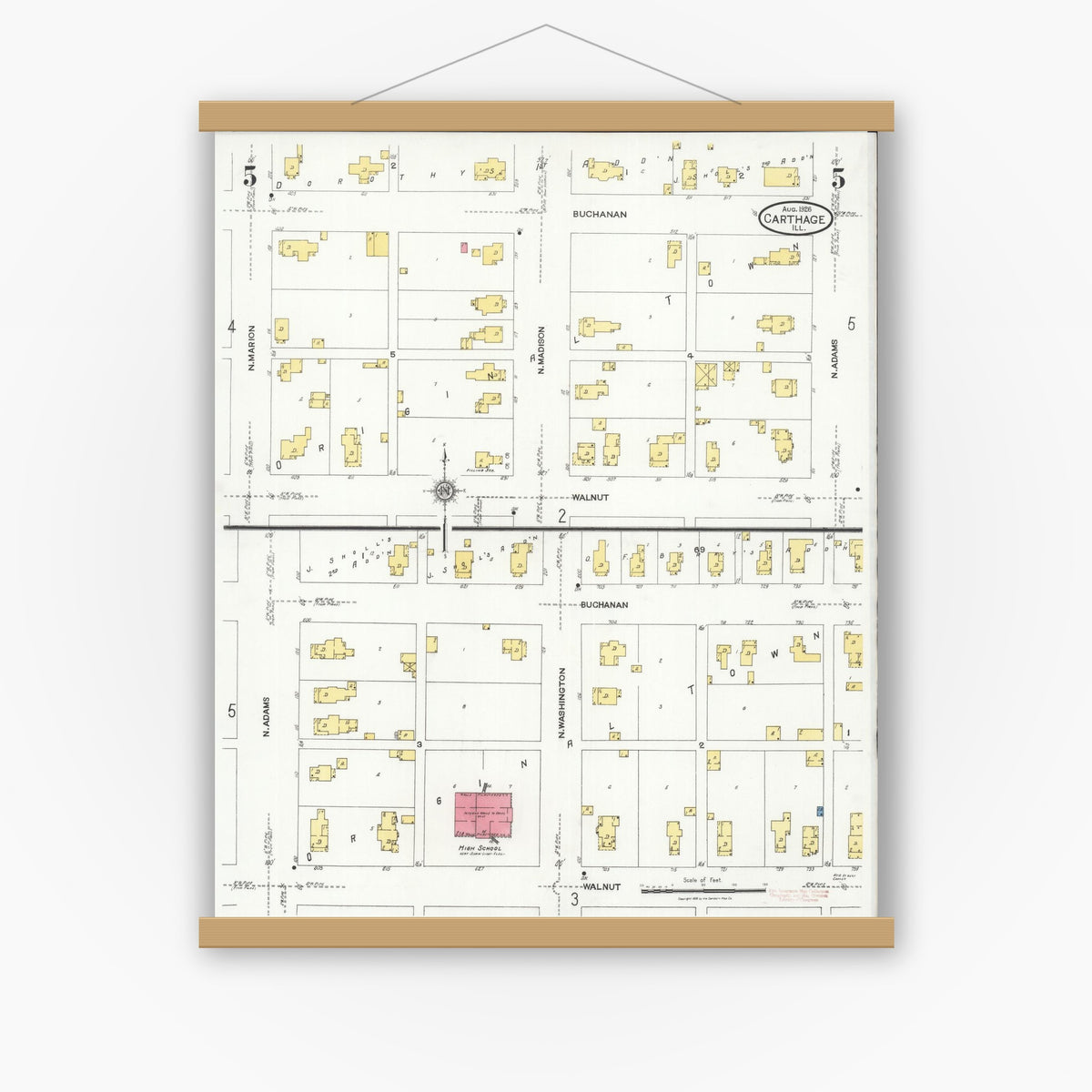 Old map wall art mockup — magnetic wood frame on white wall — Sanborn Fire Insurance Map from Carthage, Hancock County, Illinois (1926), Sheet #0005