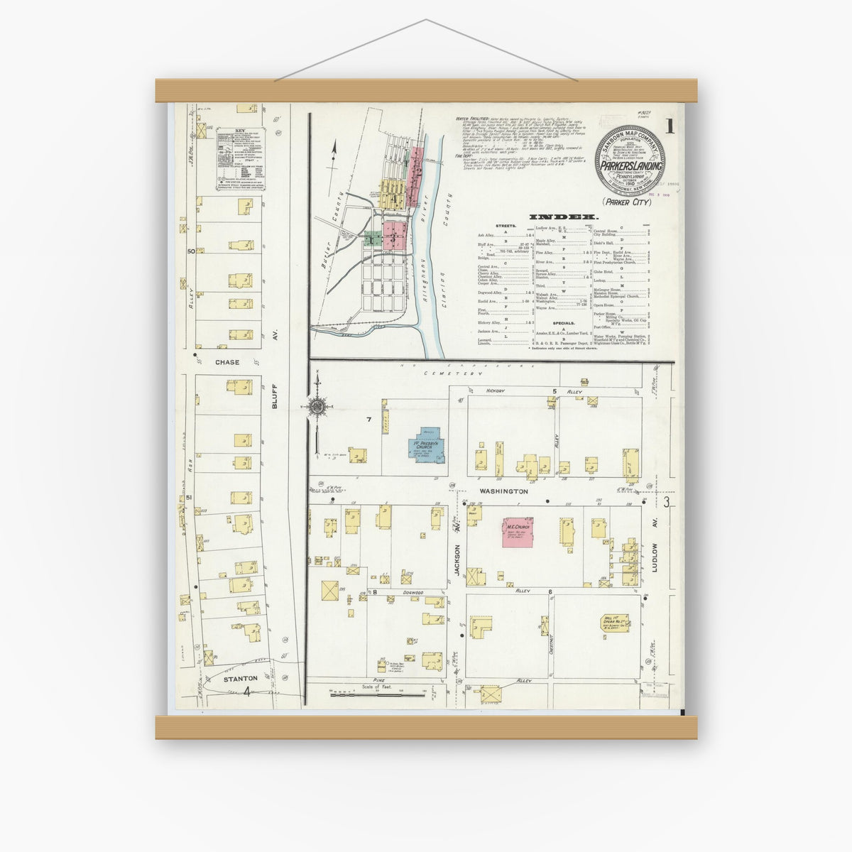 Old map wall art mockup — magnetic wood frame on white wall — Sanborn Fire Insurance Map from Parkers Landing, Armstrong County, Pennsylvania (1910), Sheet #0001