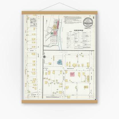Old map wall art mockup — magnetic wood frame on white wall — Sanborn Fire Insurance Map from Parkers Landing, Armstrong County, Pennsylvania (1910), Sheet #0001