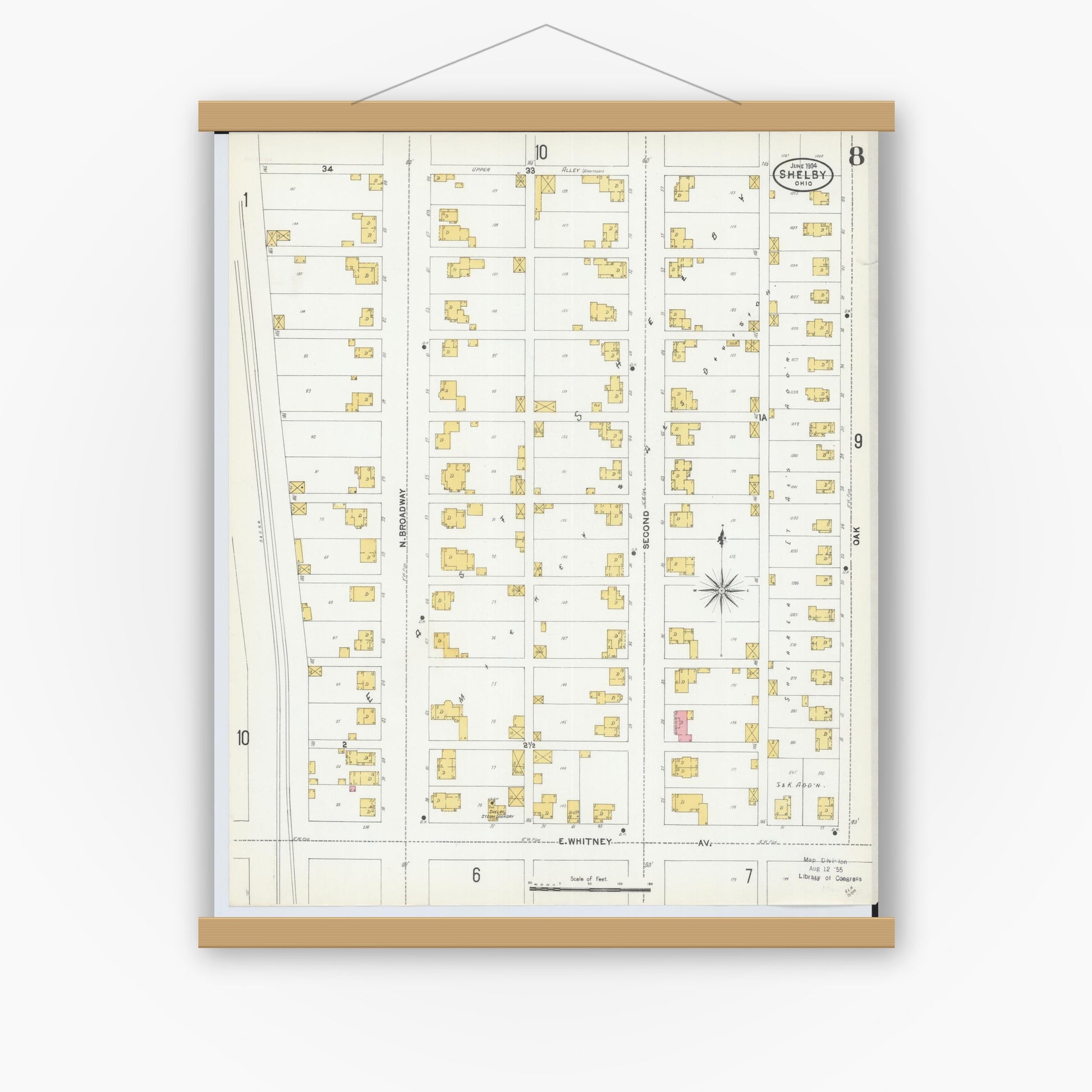 Old map wall art mockup — magnetic wood frame on white wall — Sanborn Fire Insurance Map from Shelby, Richland County, Ohio (1904), Sheet #0008