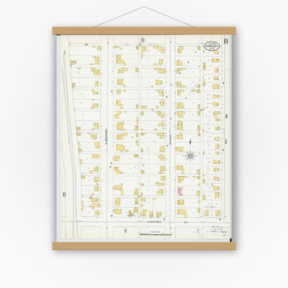 Old map wall art mockup — magnetic wood frame on white wall — Sanborn Fire Insurance Map from Shelby, Richland County, Ohio (1904), Sheet #0008