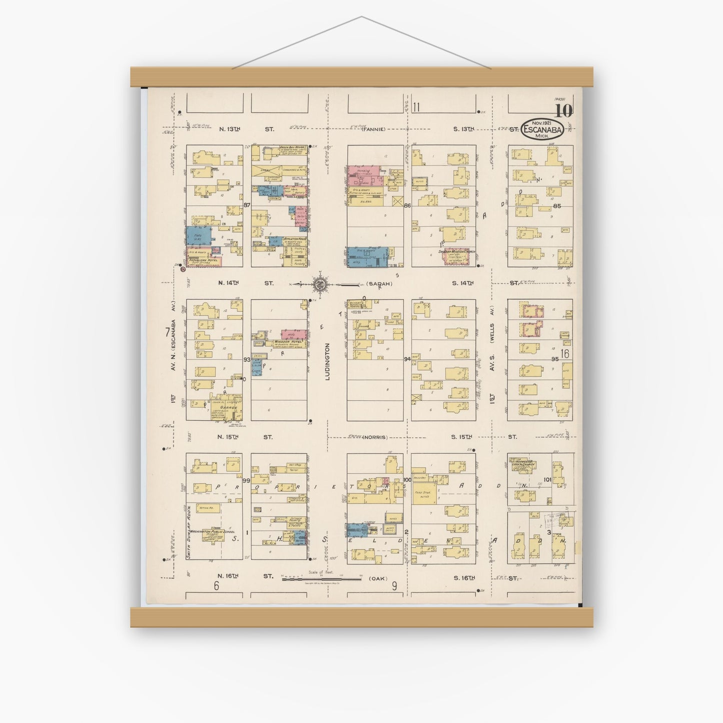Old map wall art mockup — magnetic wood frame on white wall — Sanborn Fire Insurance Map from Escanaba, Delta County, Michigan (1921), Sheet #0010