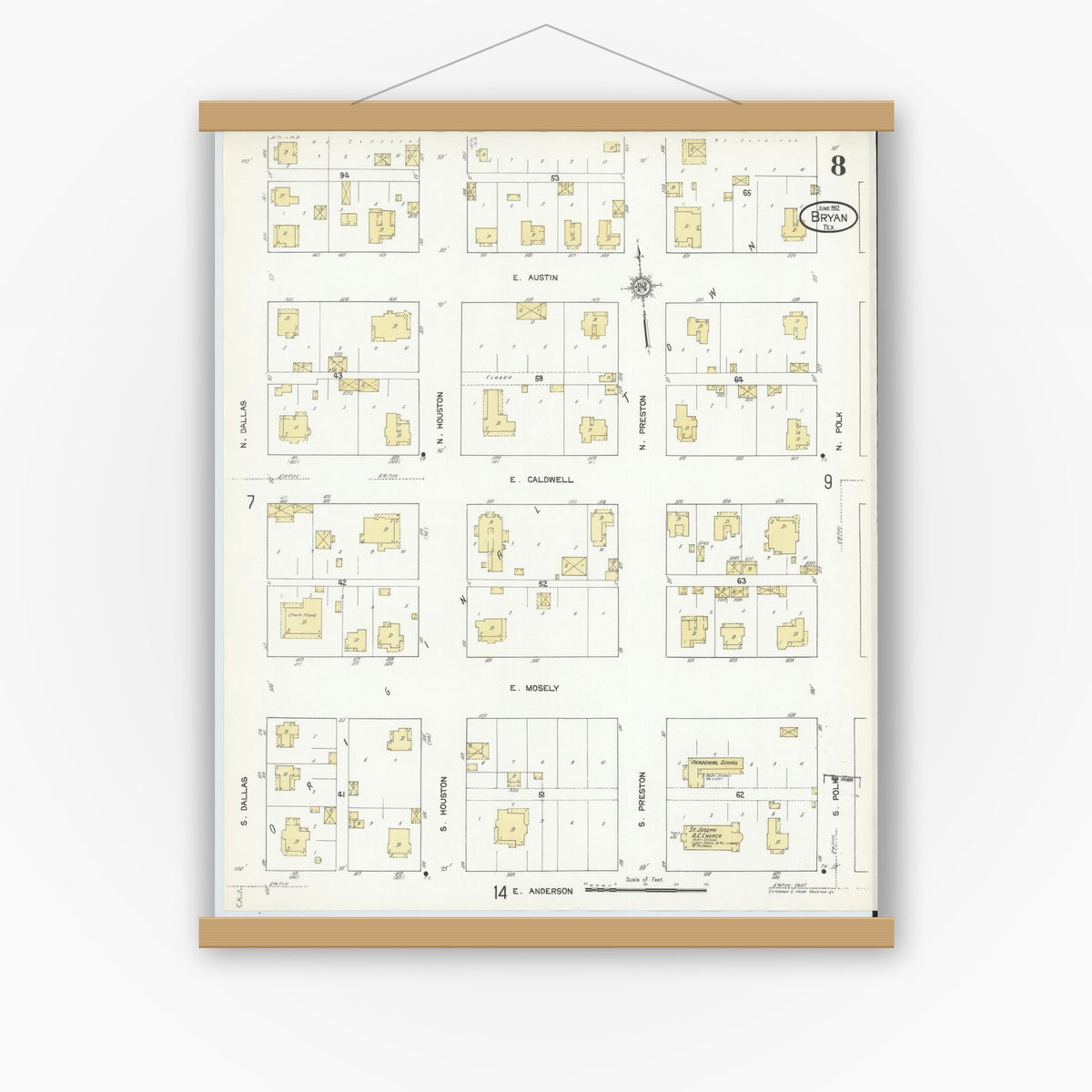 Old map wall art mockup — magnetic wood frame on white wall — Sanborn Fire Insurance Map from Bryan, Brazos County, Texas (1912), Sheet #0008