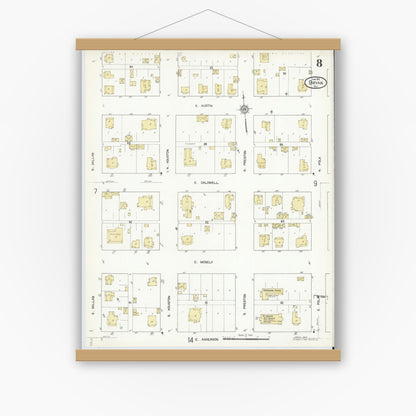Old map wall art mockup — magnetic wood frame on white wall — Sanborn Fire Insurance Map from Bryan, Brazos County, Texas (1912), Sheet #0008