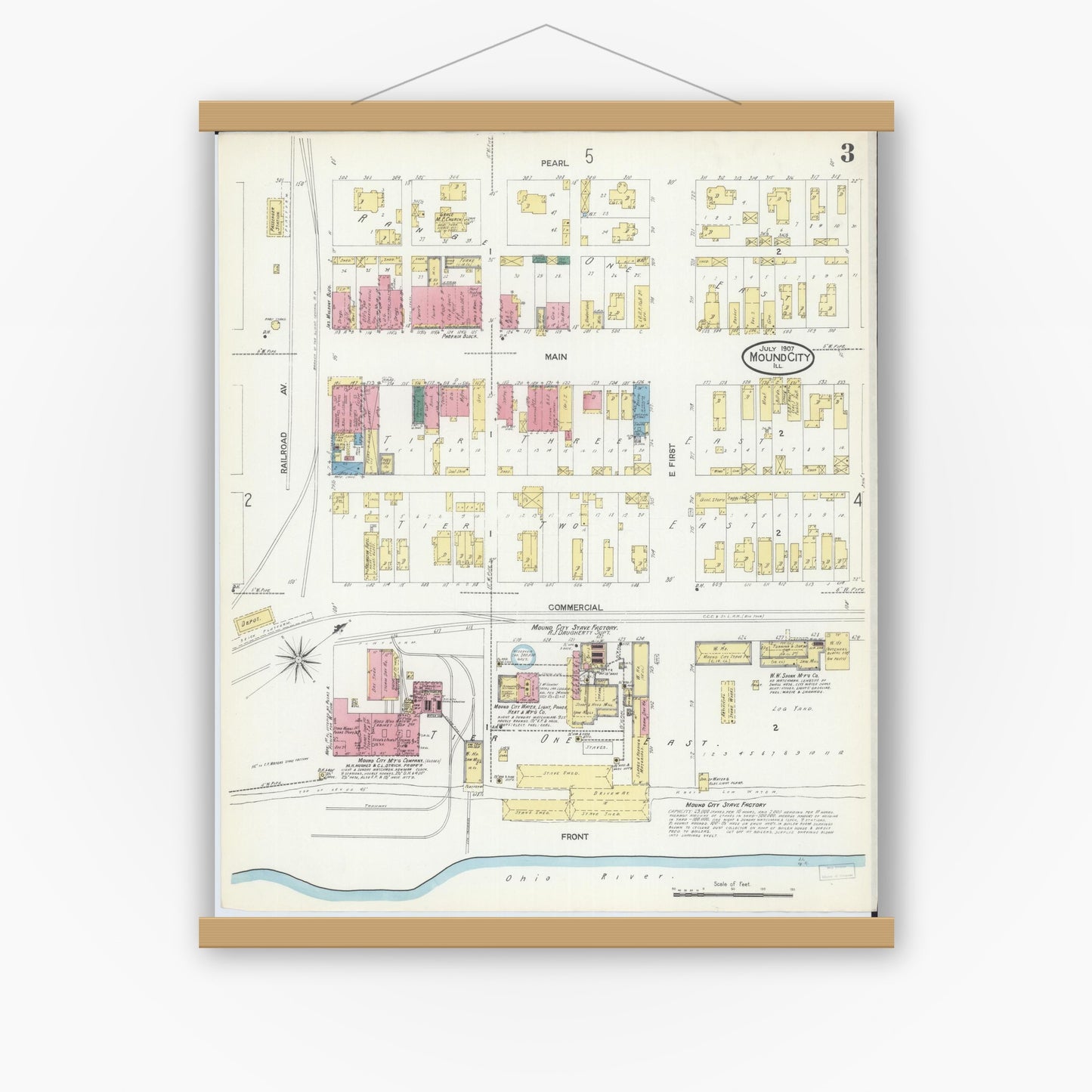 Old map wall art mockup — magnetic wood frame on white wall — Sanborn Fire Insurance Map from Mound City, Pulaski County, Illinois (1907), Sheet #0003