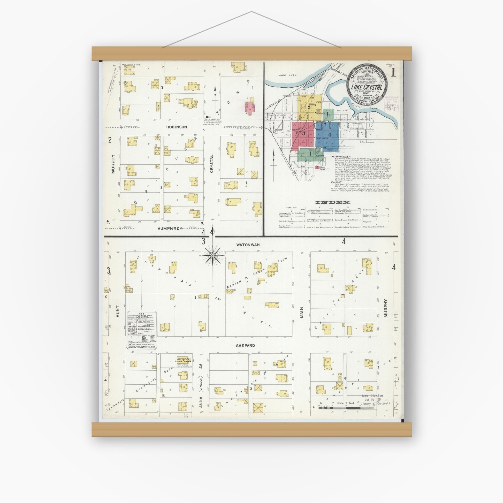 Old map wall art mockup — magnetic wood frame on white wall — Sanborn Fire Insurance Map from Lake Crystal, Blue Earth County, Minnesota (1908), Sheet #0001